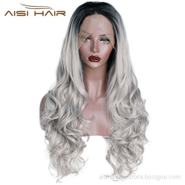 Aisi Hair Cheap Synthetic Ombre Gray Dark Root Wig Long Wavy Lace Frontal Wig Body Wave Party Lace Front Hair Wigs For Women